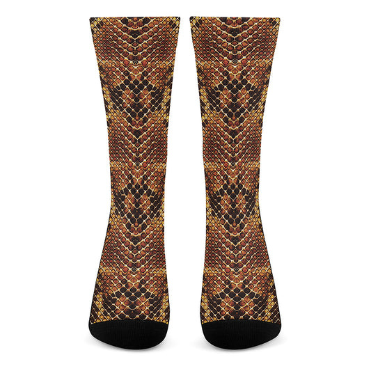 Yellow And Brown Snakeskin Print Crew Socks