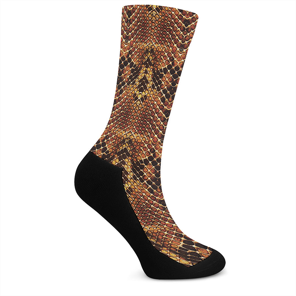 Yellow And Brown Snakeskin Print Crew Socks