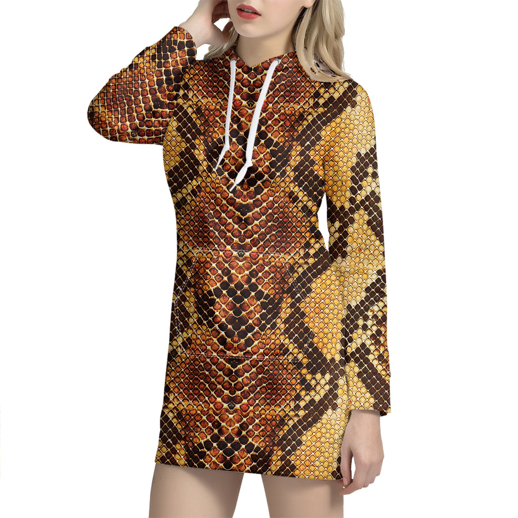 Yellow And Brown Snakeskin Print Hoodie Dress