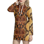 Yellow And Brown Snakeskin Print Hoodie Dress