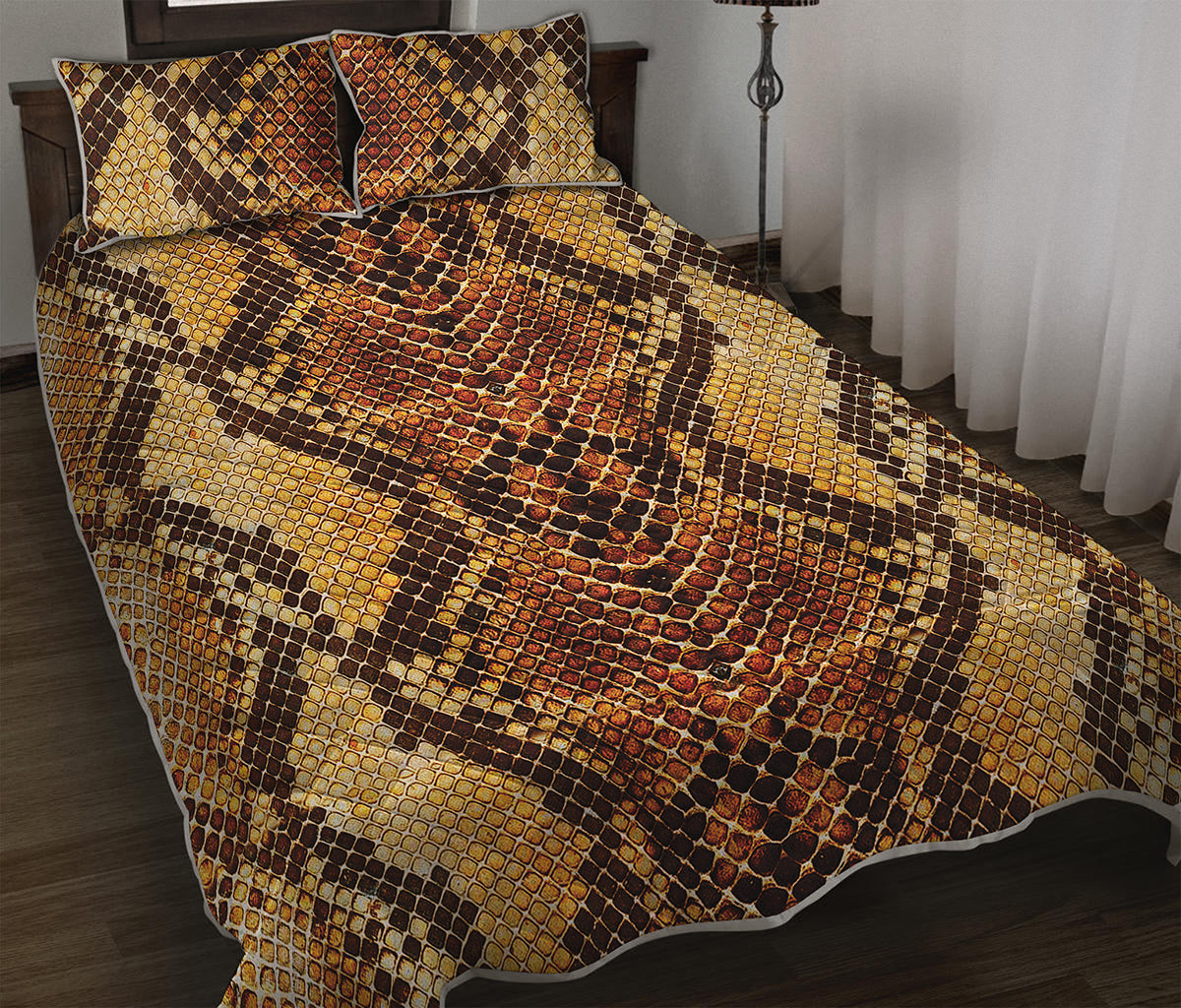 Yellow And Brown Snakeskin Print Quilt Bed Set