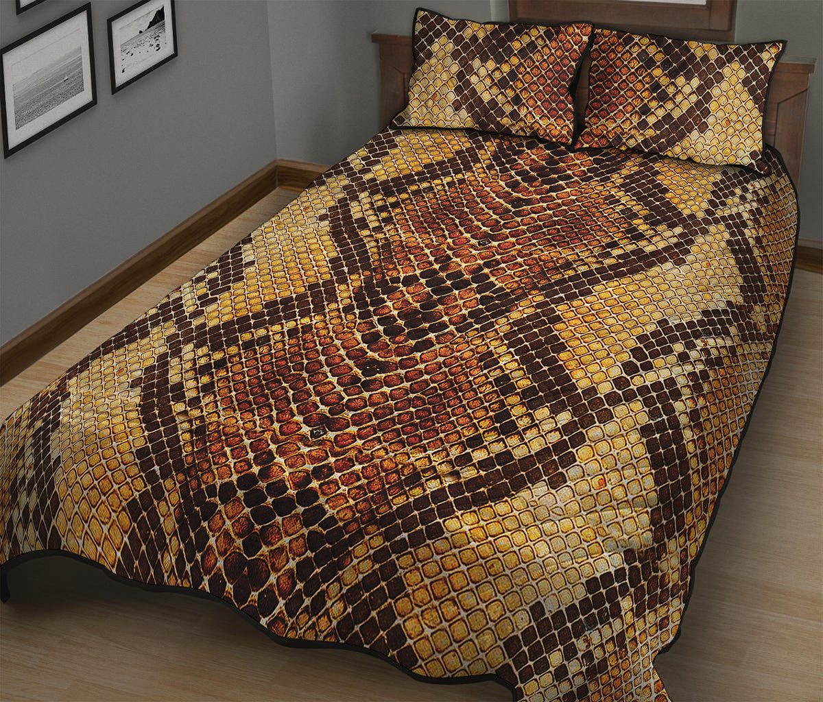 Yellow And Brown Snakeskin Print Quilt Bed Set