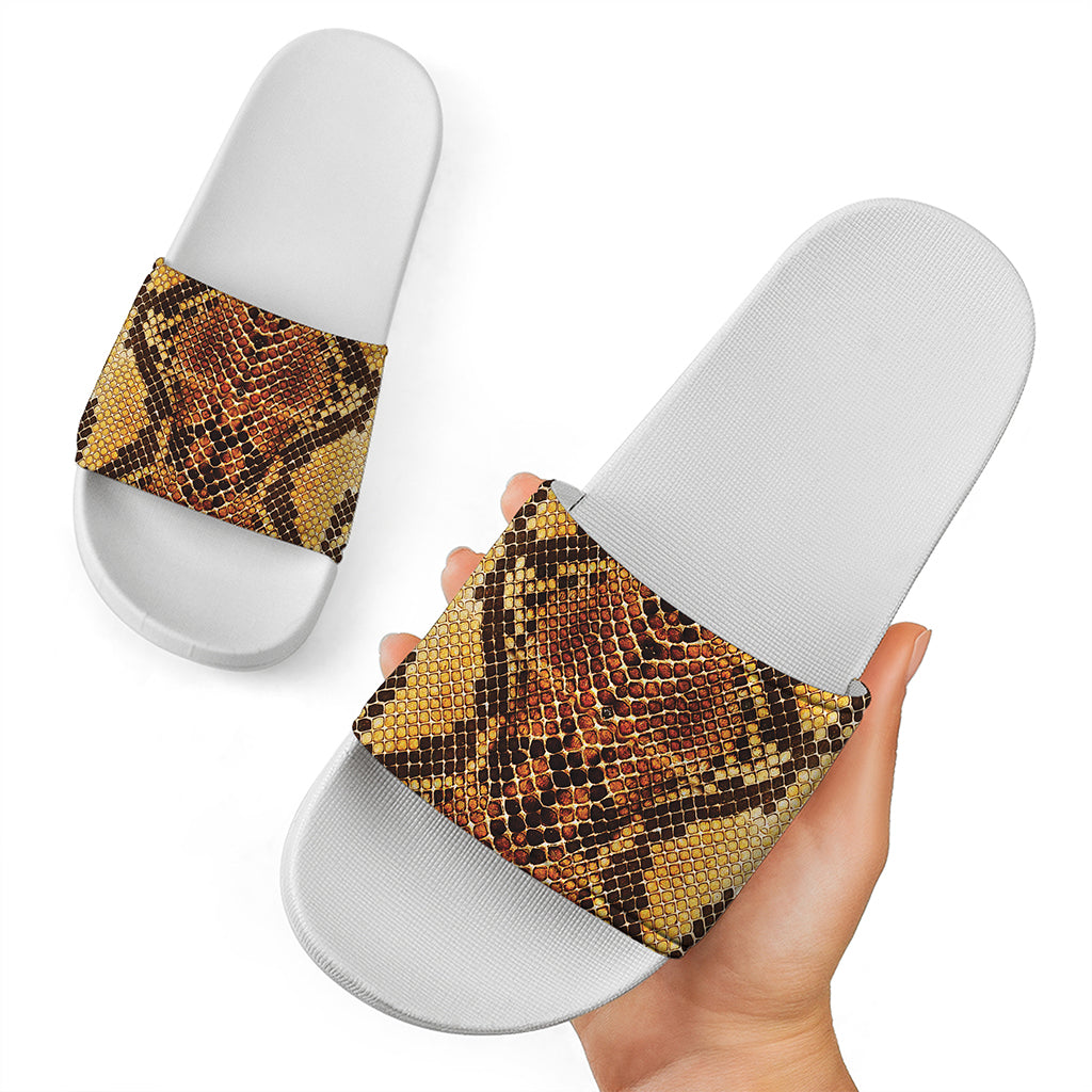 Yellow And Brown Snakeskin Print White Slide Sandals