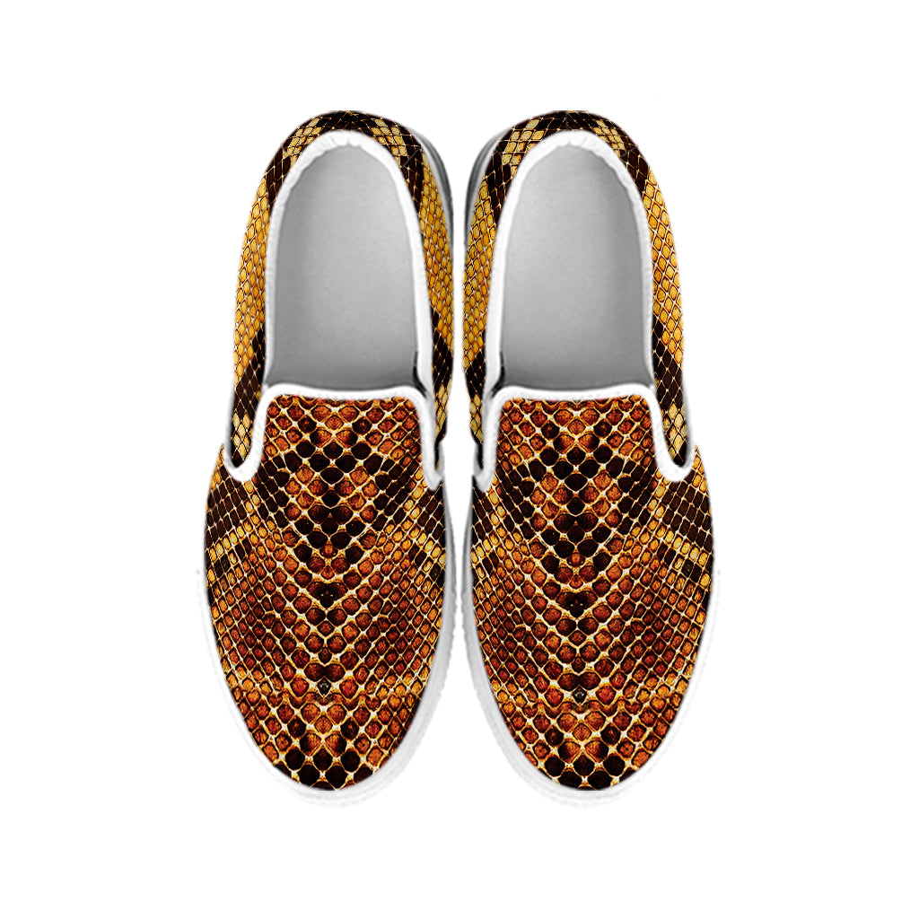 Yellow And Brown Snakeskin Print White Slip On Shoes