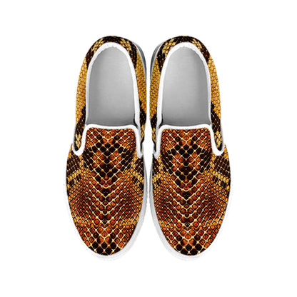 Yellow And Brown Snakeskin Print White Slip On Shoes