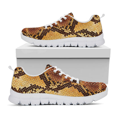 Yellow And Brown Snakeskin Print White Sneakers