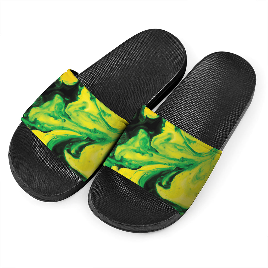 Yellow And Green Acid Melt Print Black Slide Sandals