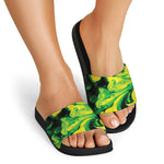 Yellow And Green Acid Melt Print Black Slide Sandals