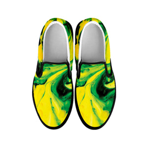 Yellow And Green Acid Melt Print Black Slip On Shoes