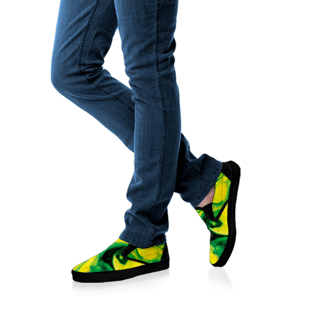 Yellow And Green Acid Melt Print Black Slip On Shoes