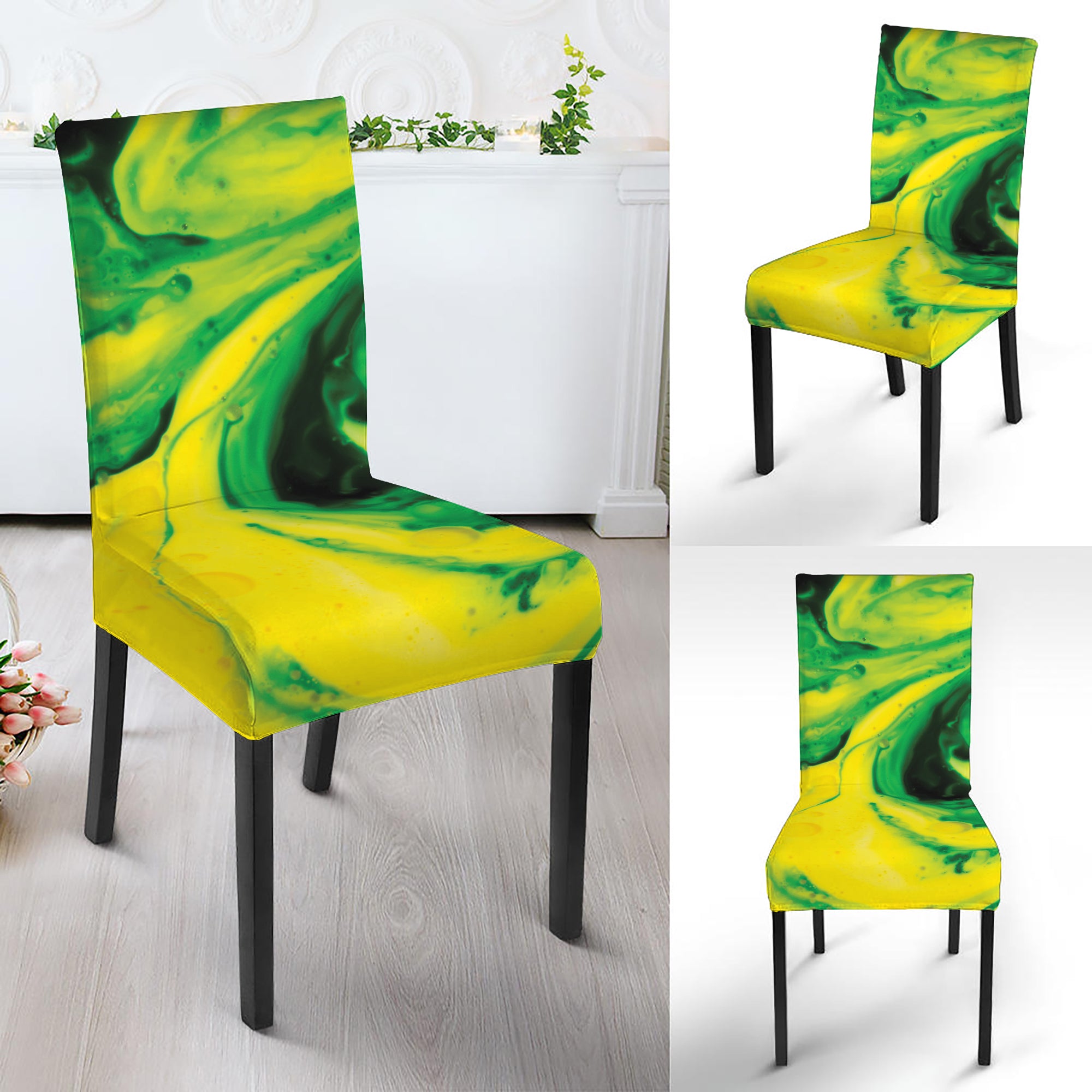 Yellow And Green Acid Melt Print Dining Chair Slipcover