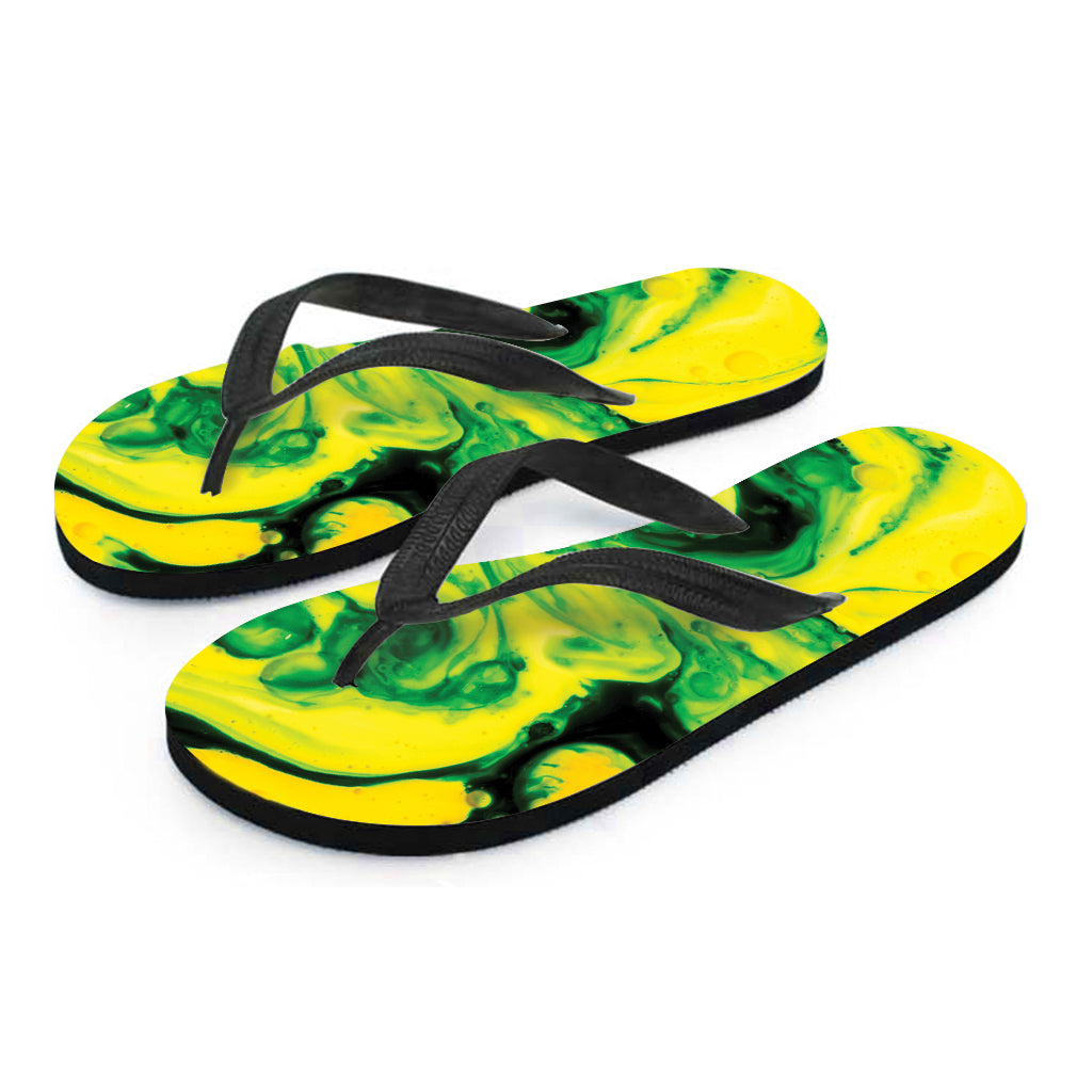 Yellow And Green Acid Melt Print Flip Flops