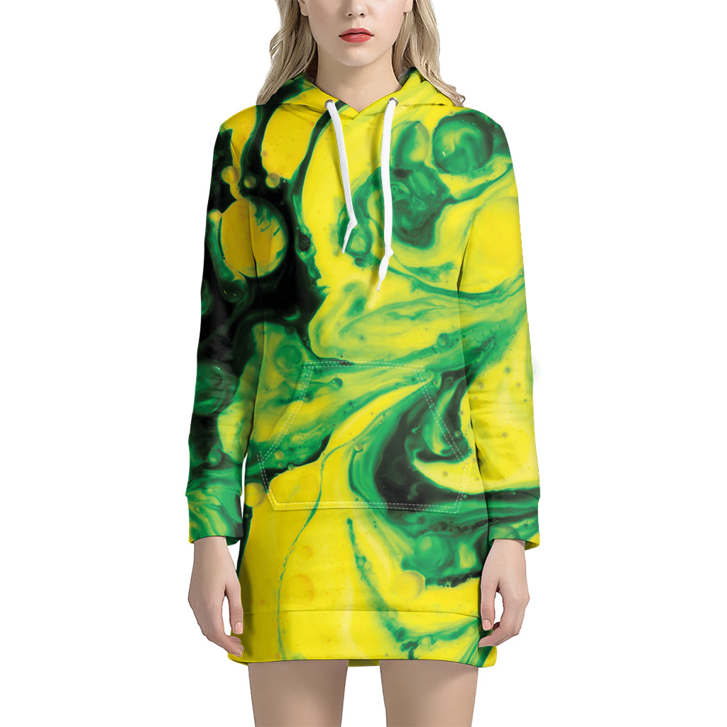 Yellow And Green Acid Melt Print Hoodie Dress