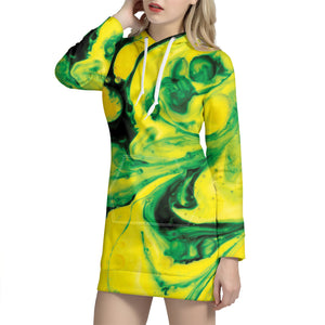 Yellow And Green Acid Melt Print Hoodie Dress