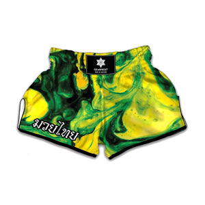 Yellow And Green Acid Melt Print Muay Thai Boxing Shorts