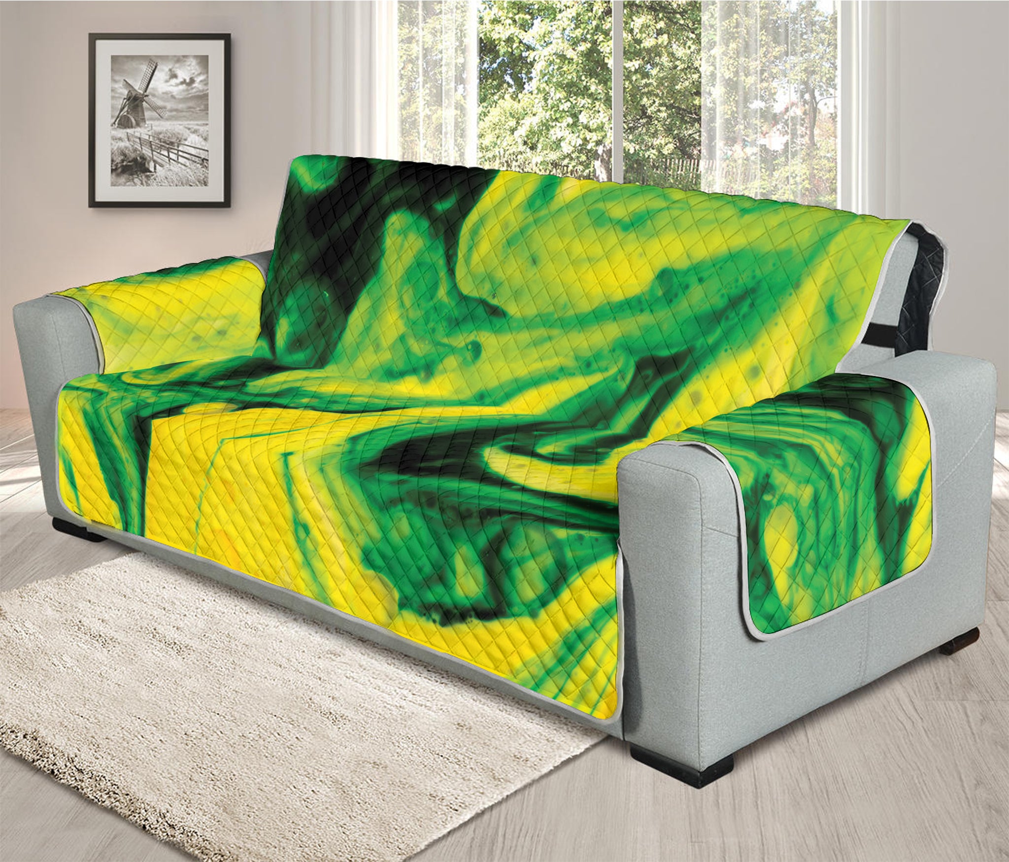 Yellow And Green Acid Melt Print Oversized Sofa Protector