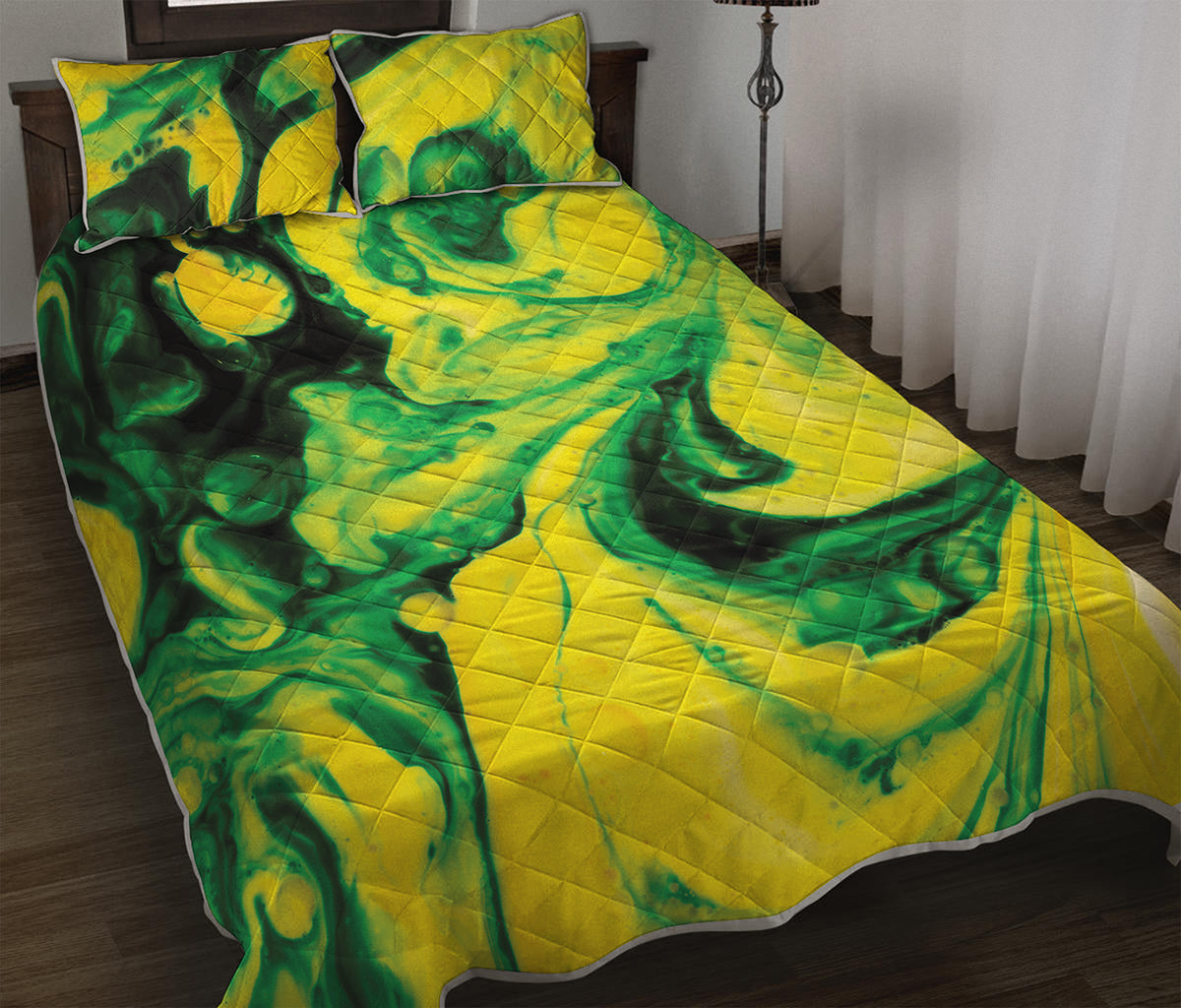 Yellow And Green Acid Melt Print Quilt Bed Set
