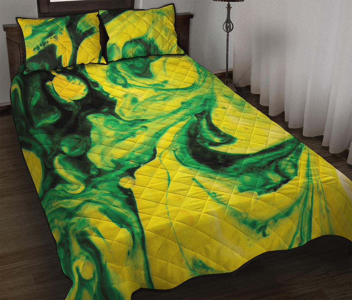 Yellow And Green Acid Melt Print Quilt Bed Set