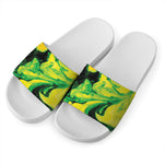 Yellow And Green Acid Melt Print White Slide Sandals