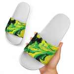 Yellow And Green Acid Melt Print White Slide Sandals