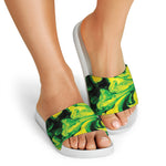 Yellow And Green Acid Melt Print White Slide Sandals