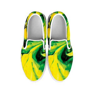 Yellow And Green Acid Melt Print White Slip On Shoes