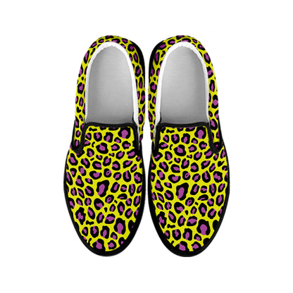 Yellow And Purple Leopard Pattern Print Black Slip On Shoes