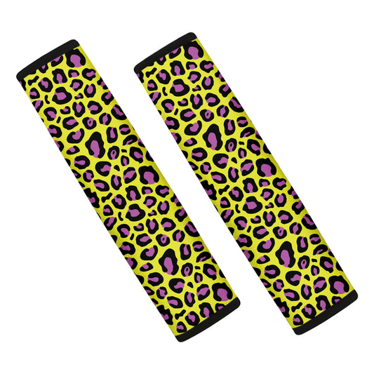 Yellow And Purple Leopard Pattern Print Car Seat Belt Covers