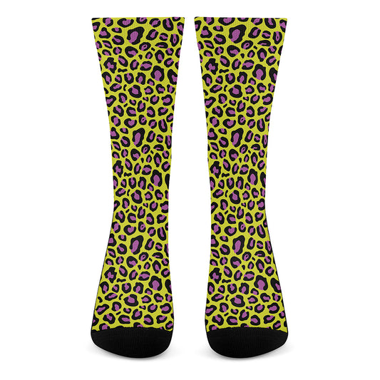 Yellow And Purple Leopard Pattern Print Crew Socks