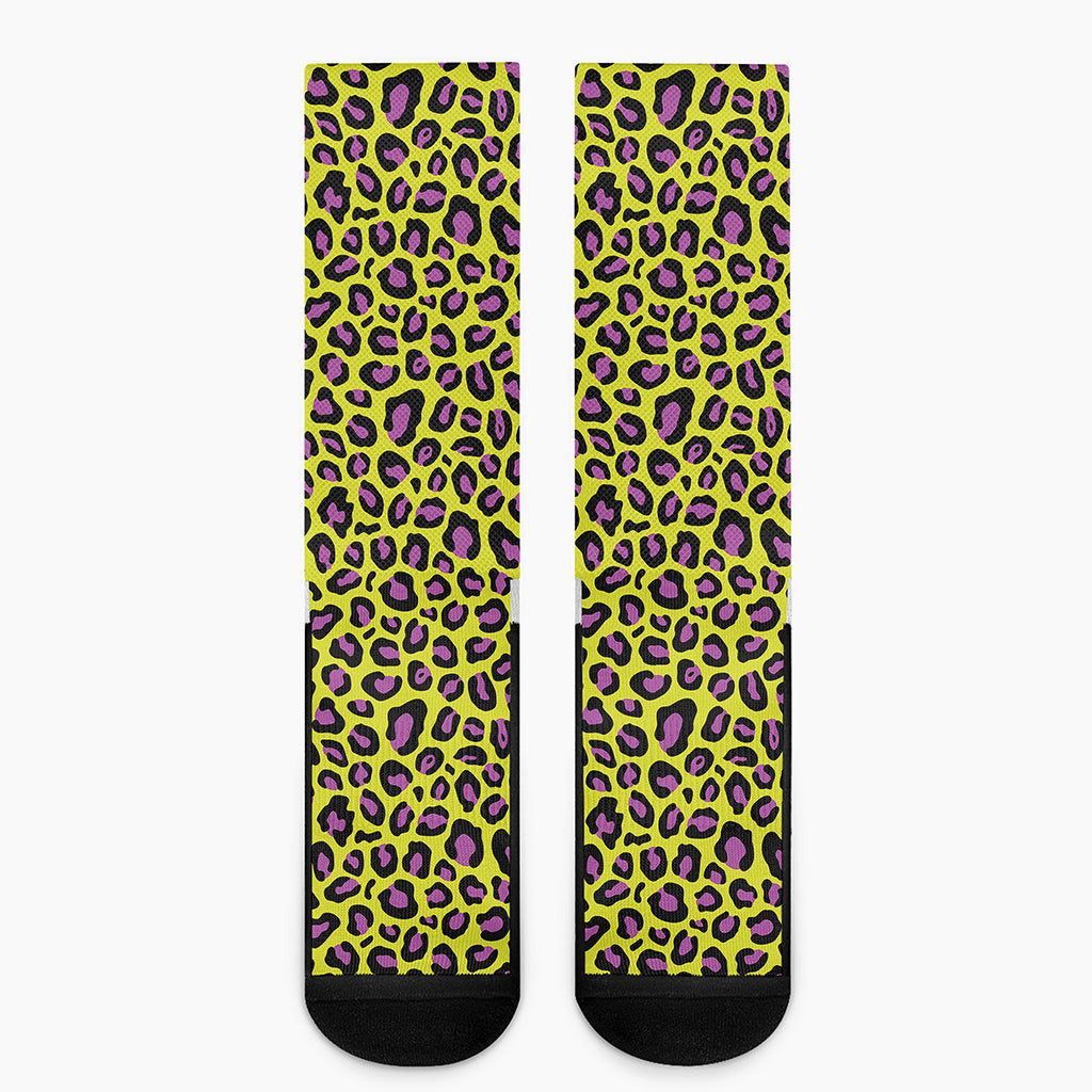 Yellow And Purple Leopard Pattern Print Crew Socks