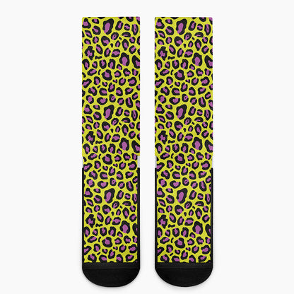 Yellow And Purple Leopard Pattern Print Crew Socks