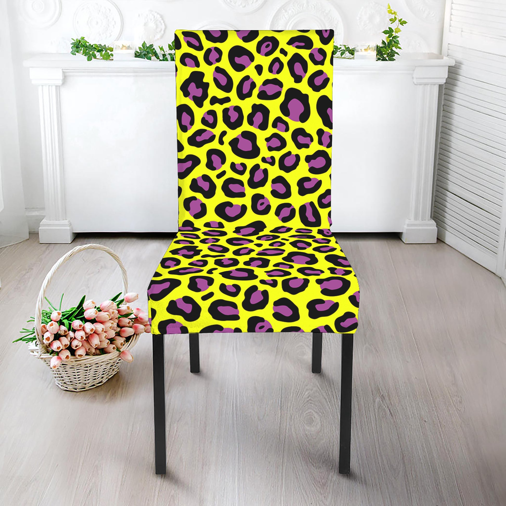 Yellow And Purple Leopard Pattern Print Dining Chair Slipcover