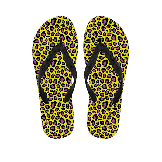 Yellow And Purple Leopard Pattern Print Flip Flops