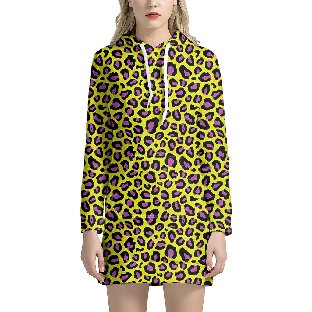 Yellow And Purple Leopard Pattern Print Hoodie Dress