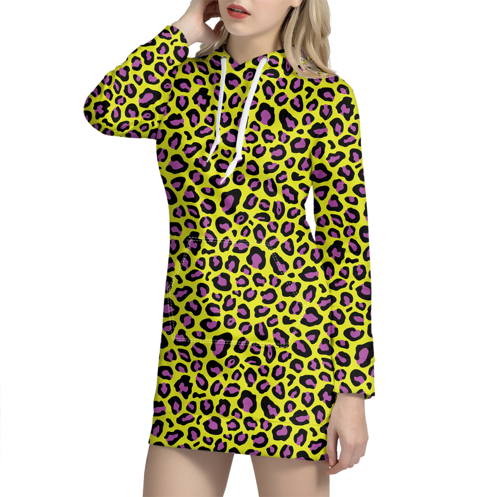 Yellow And Purple Leopard Pattern Print Hoodie Dress