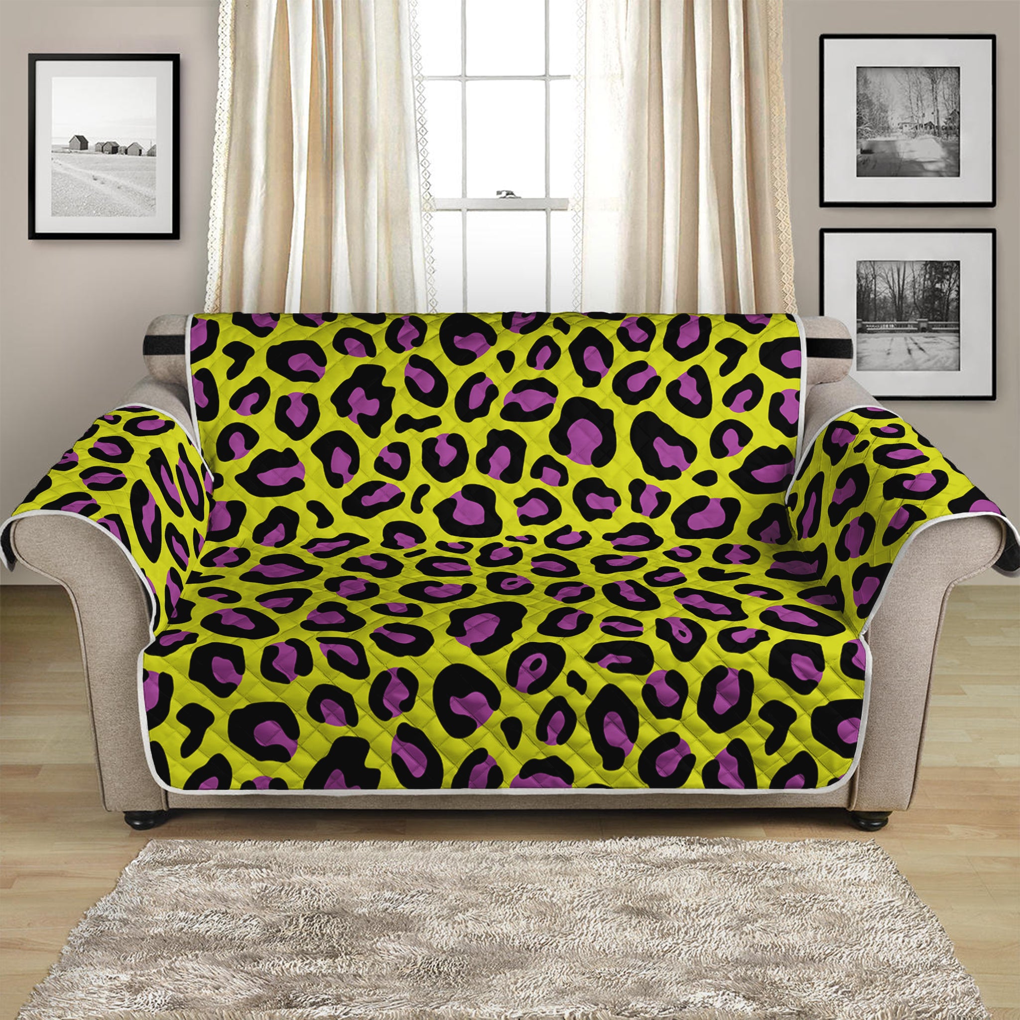 Yellow And Purple Leopard Pattern Print Loveseat Protector