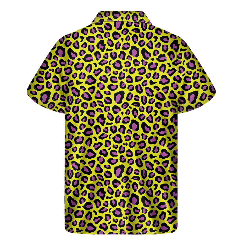 Yellow And Purple Leopard Pattern Print Men's Short Sleeve Shirt