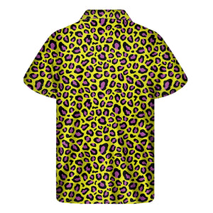 Yellow And Purple Leopard Pattern Print Men's Short Sleeve Shirt
