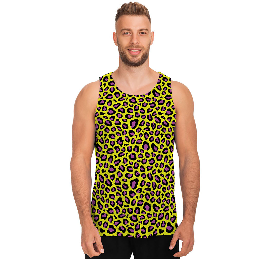 Yellow And Purple Leopard Pattern Print Men's Tank Top