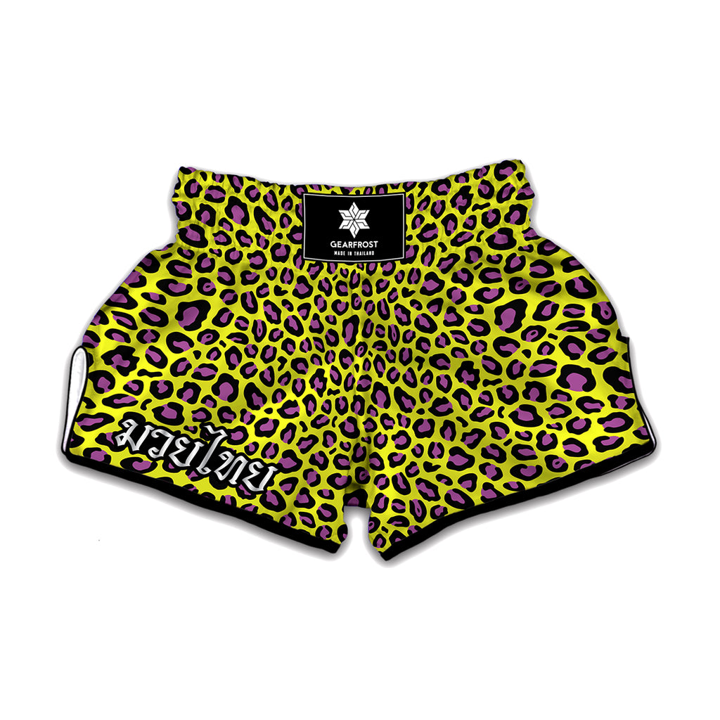 Yellow And Purple Leopard Pattern Print Muay Thai Boxing Shorts