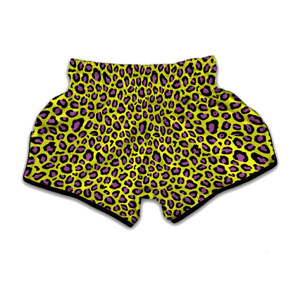 Yellow And Purple Leopard Pattern Print Muay Thai Boxing Shorts