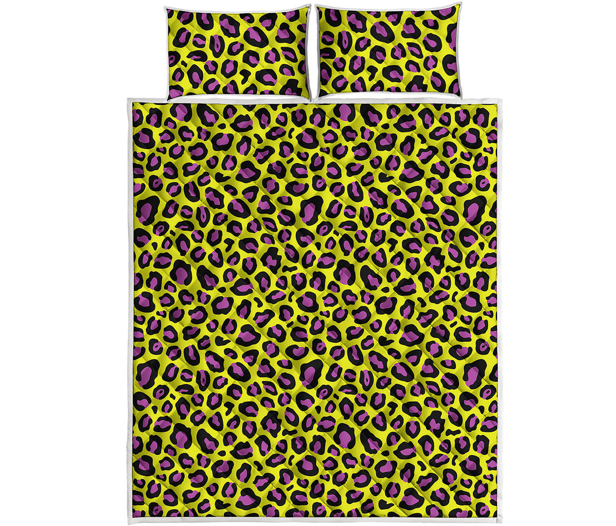 Yellow And Purple Leopard Pattern Print Quilt Bed Set