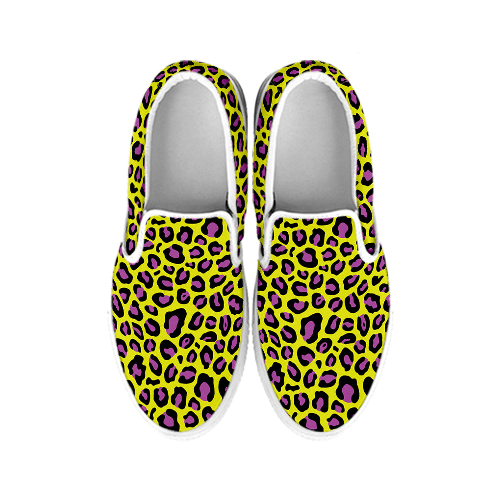 Yellow And Purple Leopard Pattern Print White Slip On Shoes