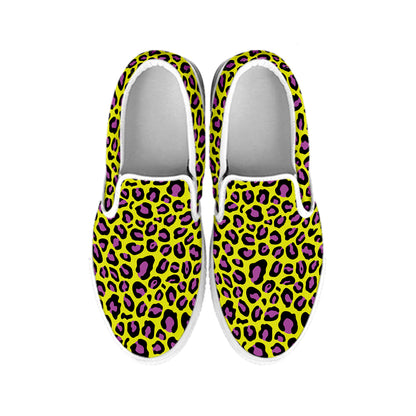 Yellow And Purple Leopard Pattern Print White Slip On Shoes
