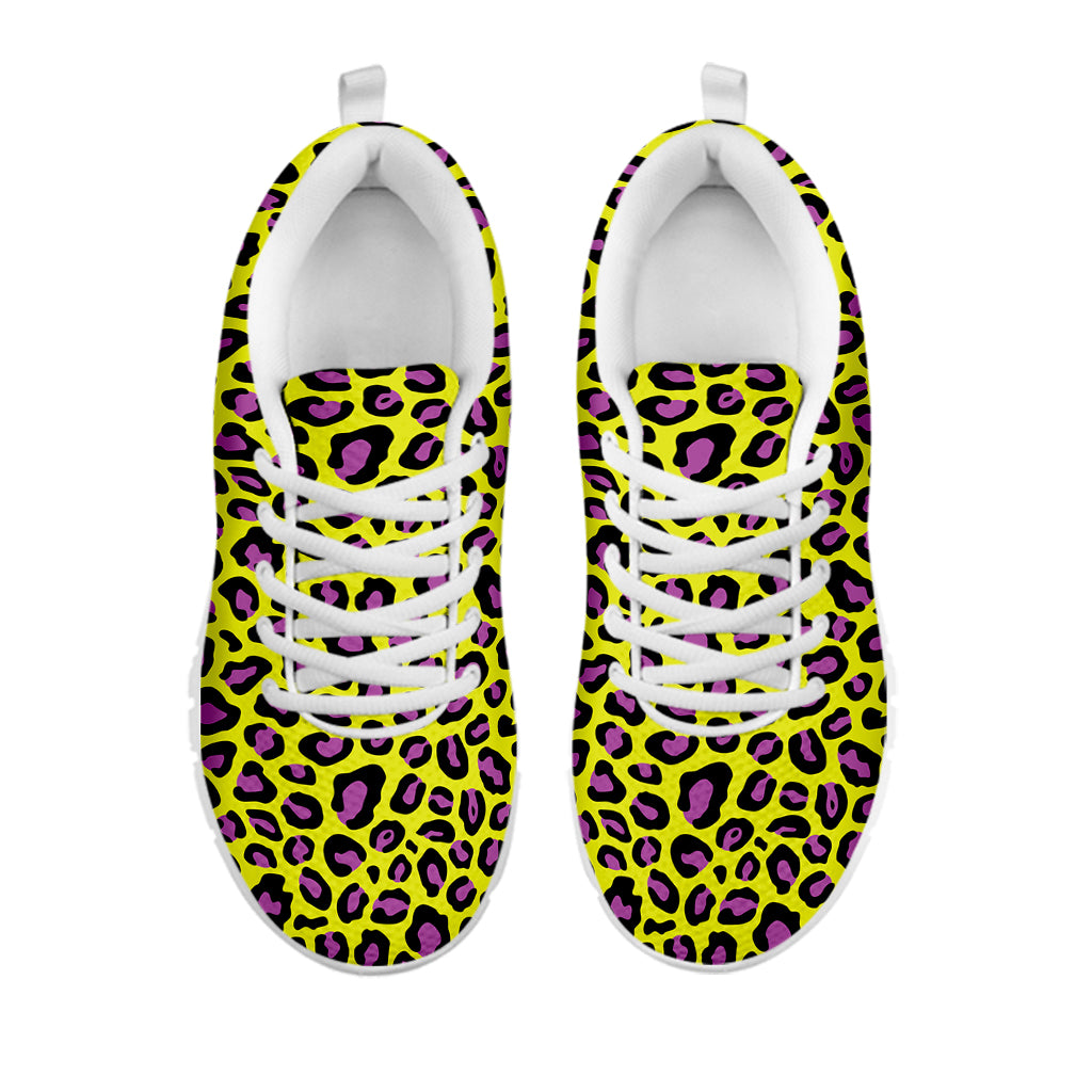 Yellow And Purple Leopard Pattern Print White Sneakers