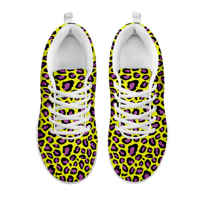 Yellow And Purple Leopard Pattern Print White Sneakers