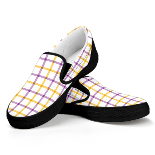 Yellow And Purple Tattersall Print Black Slip On Shoes