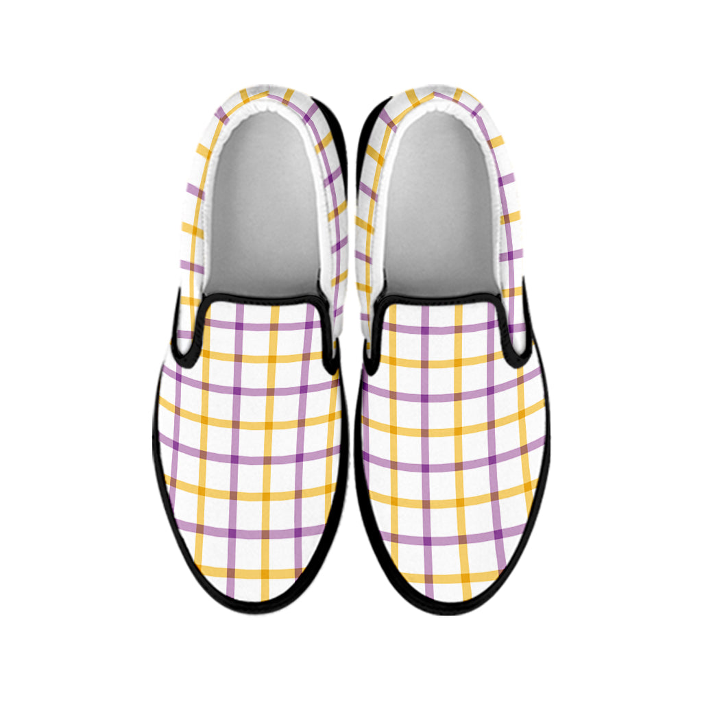Yellow And Purple Tattersall Print Black Slip On Shoes