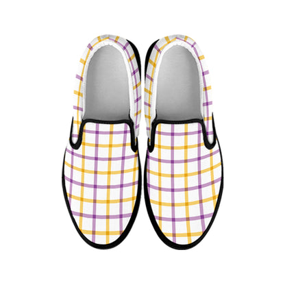 Yellow And Purple Tattersall Print Black Slip On Shoes
