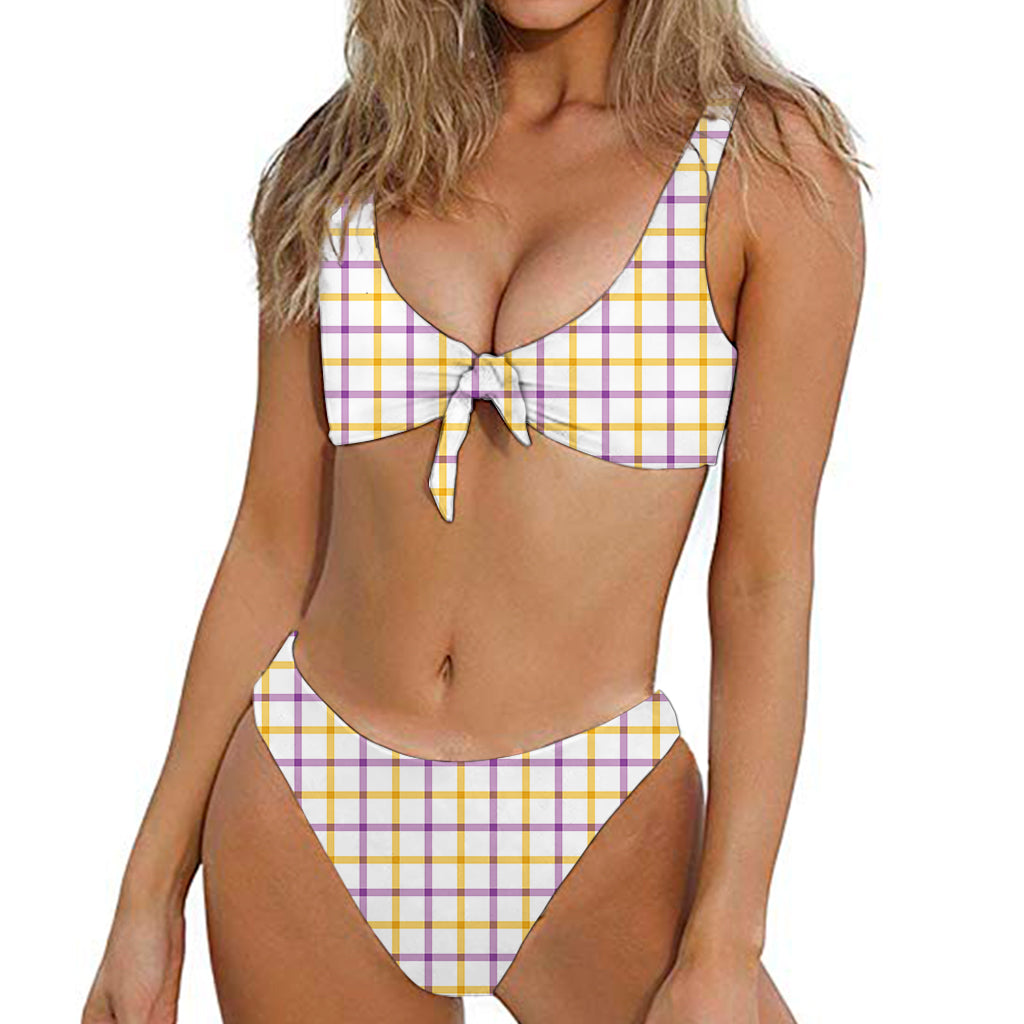 Yellow And Purple Tattersall Print Front Bow Tie Bikini